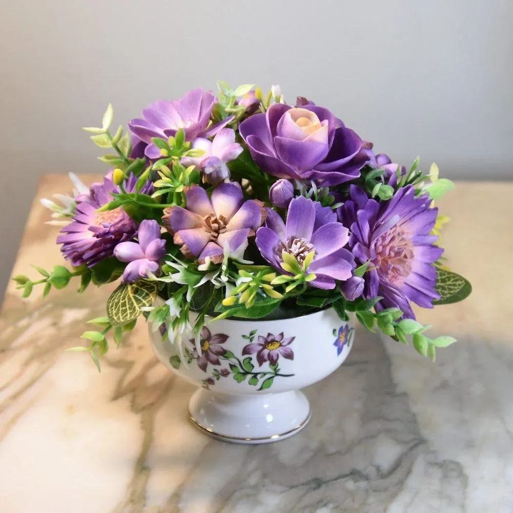 Pretty vintage pedestal sherbet bowl filled with hand painted Sola wood flowers